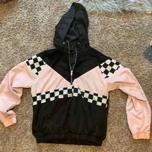 Pink and black checkered windbreaker hoodie